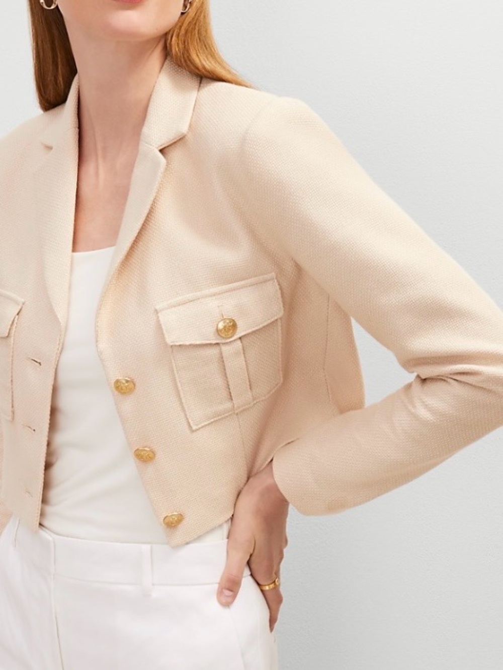 Ann Taylor 12P NWT Cream Tweed Cropped Military Blazer Gold Buttons Petite